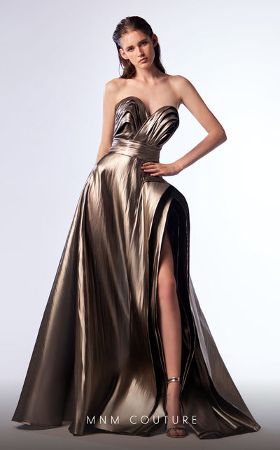 MNM Couture G1702 dress featuring the glamorous metallic finish and voluminous silhouette.