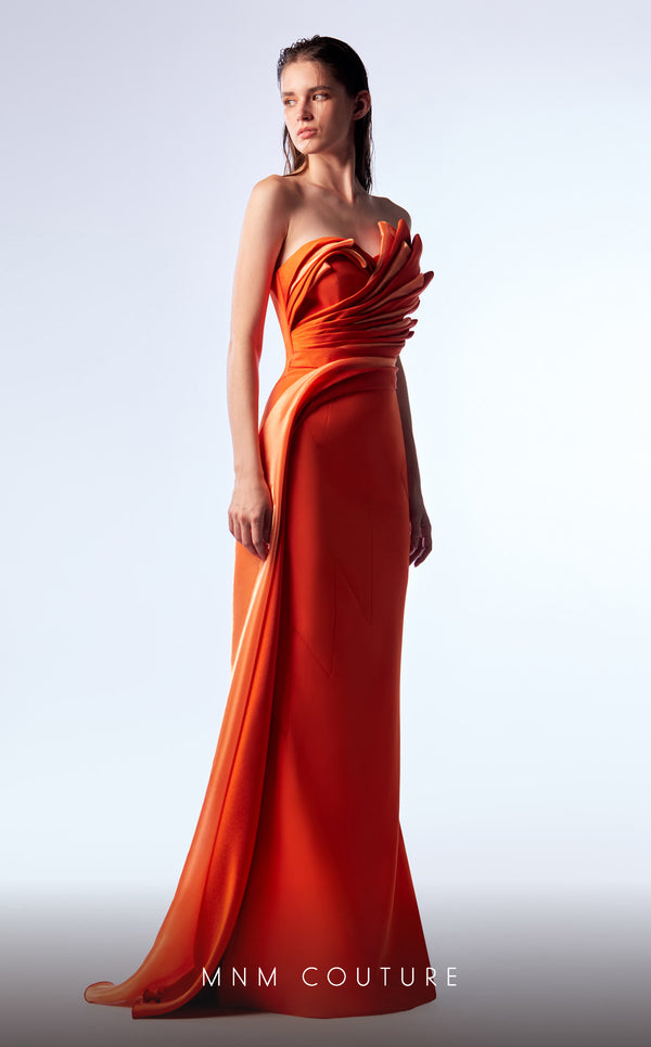 MNM Couture G1719 orange rayon crepe and silk column gown with pleated bust and waistline | Couture Shop LA