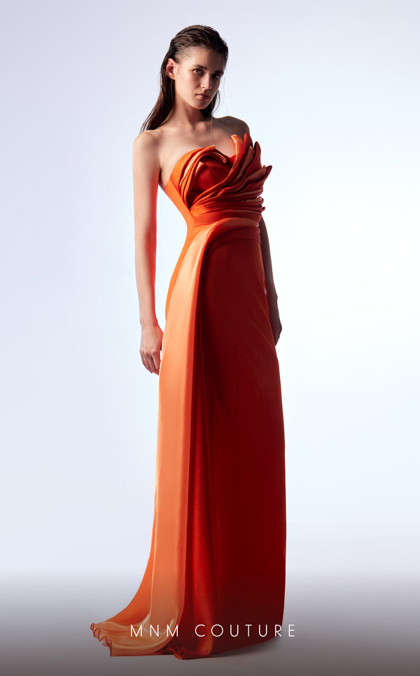 MNM Couture G1719 orange rayon crepe and silk column gown with pleated bust and waistline | Couture Shop LA