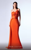 MNM Couture G1719 orange rayon crepe and silk column gown with pleated bust and waistline | Couture Shop LA