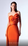 MNM Couture G1719 orange rayon crepe and silk column gown with pleated bust and waistline | Couture Shop LA