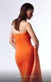 MNM Couture G1719 orange rayon crepe and silk column gown with pleated bust and waistline | Couture Shop LA
