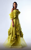 Green organza A-line evening gown with satin ruffles, structured corset bodice, and one off-the-shoulder sleeve highlighting MNM Couture Style G1736 | Couture Shop LA.