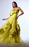 Green organza A-line evening gown with satin ruffles, structured corset bodice, and one off-the-shoulder sleeve highlighting MNM Couture Style G1736 | Couture Shop LA.