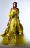 Green organza A-line evening gown with satin ruffles, structured corset bodice, and one off-the-shoulder sleeve highlighting MNM Couture Style G1736 | Couture Shop LA.