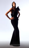 MNM Couture G1743 black gown with asymmetric neckline, sequined peplum detailing, and flared silhouette | Couture Shop LA
