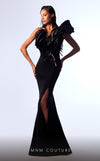 MNM Couture G1743 black gown with asymmetric neckline, sequined peplum detailing, and flared silhouette | Couture Shop LA