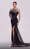 MNM Couture G1800 gown featuring a sleek silhouette, silver metallic accents, and delicate feathers on the bust. | Couture Shop LA