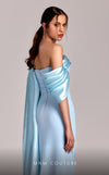 MNM Couture G1804 : Ice Blue Crepe Gown with Off-Shoulder Design and Cape