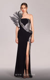 MNM Couture G1805 gown highlighting the asymmetrical design and striking metallic detail. | Couture Shop LA