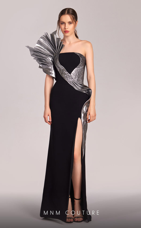 MNM Couture G1805 gown highlighting the asymmetrical design and striking metallic detail. | Couture Shop LA