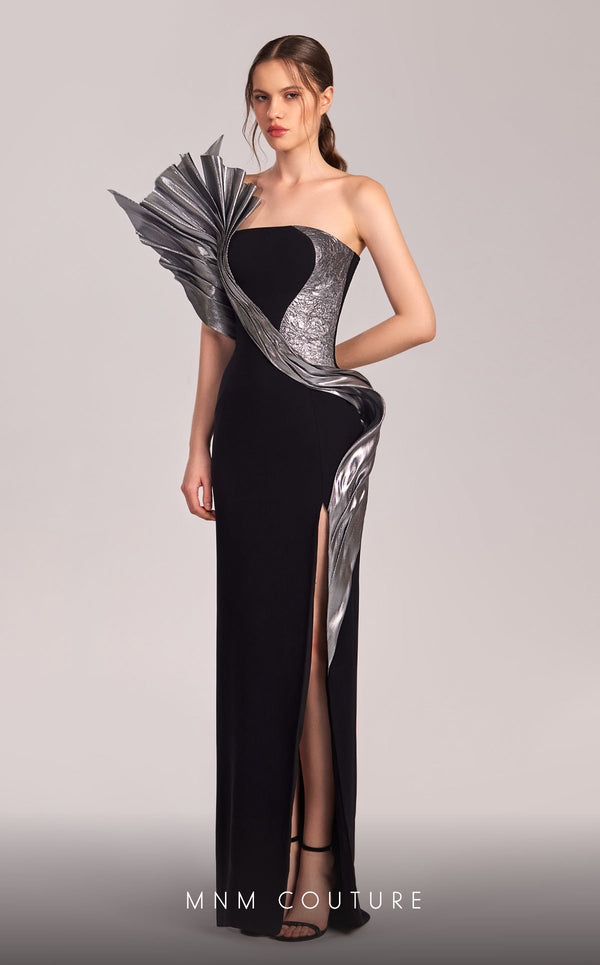 MNM Couture G1805 gown highlighting the asymmetrical design and striking metallic detail. | Couture Shop LA