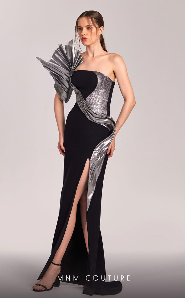 MNM Couture G1805 gown highlighting the asymmetrical design and striking metallic detail. | Couture Shop LA