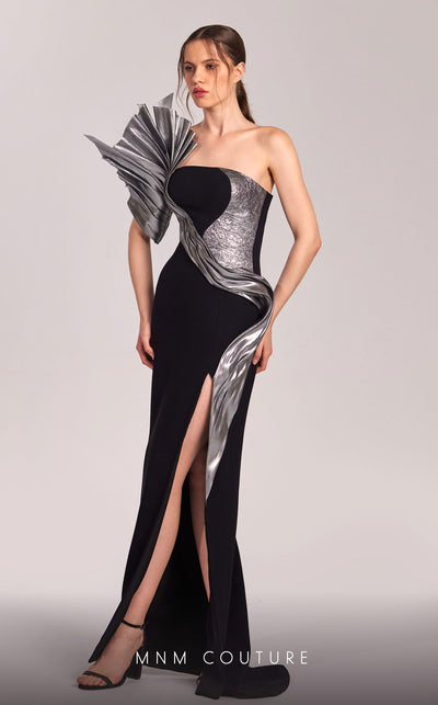 MNM Couture G1805 gown highlighting the asymmetrical design and striking metallic detail. | Couture Shop LA
