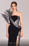 MNM Couture G1805 gown highlighting the asymmetrical design and striking metallic detail. | Couture Shop LA