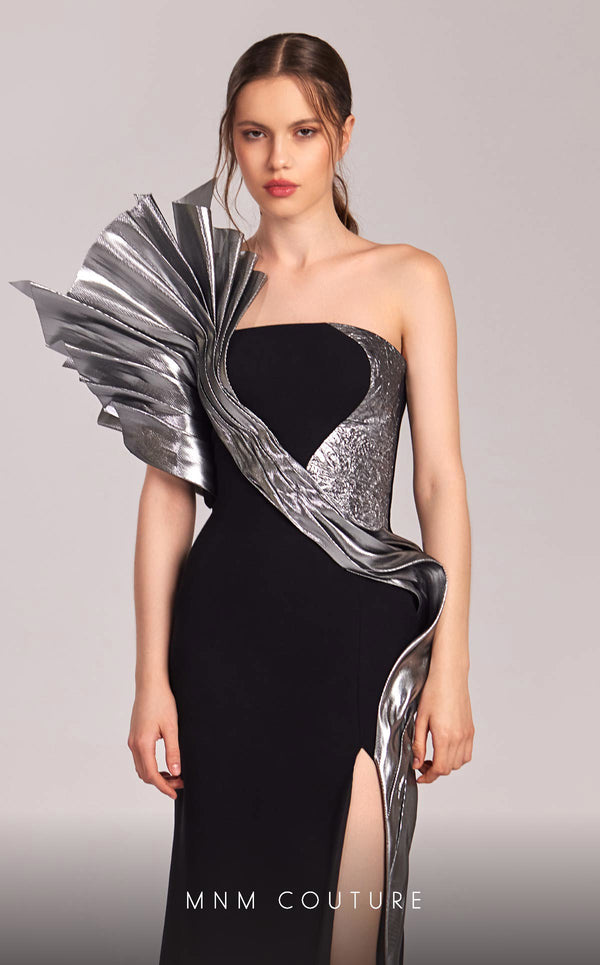 MNM Couture G1805 gown highlighting the asymmetrical design and striking metallic detail. | Couture Shop LA