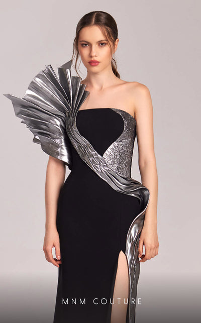 MNM Couture G1805 gown highlighting the asymmetrical design and striking metallic detail. | Couture Shop LA