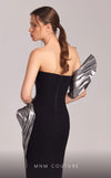 MNM Couture G1805 gown highlighting the asymmetrical design and striking metallic detail. | Couture Shop LA