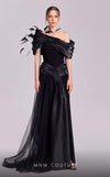 MNM Couture G1806 gown showcasing the off-shoulder silhouette and delicate feather details. | Couture Shop LA