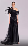 MNM Couture G1806 gown showcasing the off-shoulder silhouette and delicate feather details. | Couture Shop LA