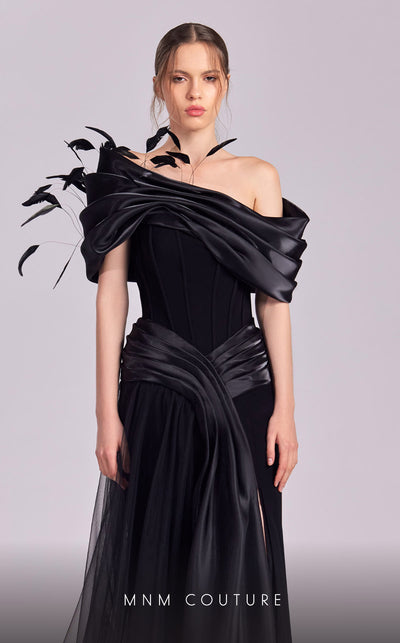 MNM Couture G1806 gown showcasing the off-shoulder silhouette and delicate feather details. | Couture Shop LA