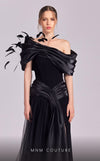 MNM Couture G1806 gown showcasing the off-shoulder silhouette and delicate feather details. | Couture Shop LA