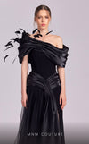 MNM Couture G1806 gown showcasing the off-shoulder silhouette and delicate feather details. | Couture Shop LA