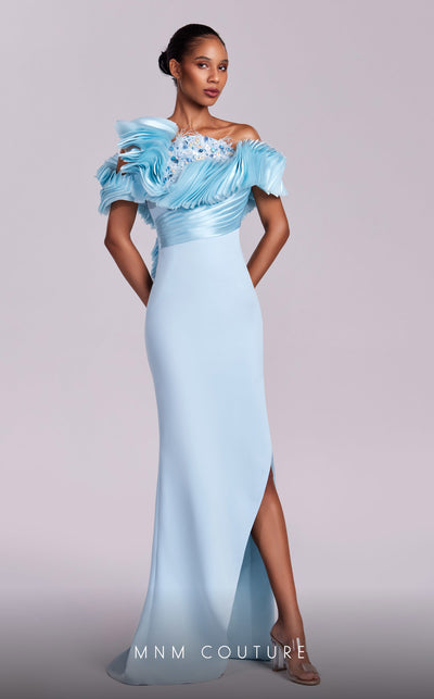 MNM Couture G1807 light blue gown with sequin-embroidered peplum accents and unique slit design | Couture Shop LA