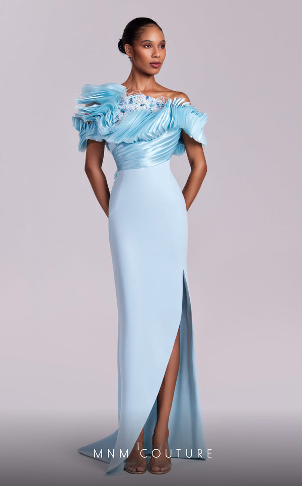 MNM Couture G1807 light blue gown with sequin-embroidered peplum accents and unique slit design | Couture Shop LA