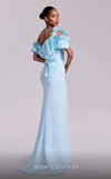 MNM Couture G1807 light blue gown with sequin-embroidered peplum accents and unique slit design | Couture Shop LA