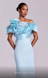 MNM Couture G1807 light blue gown with sequin-embroidered peplum accents and unique slit design | Couture Shop LA