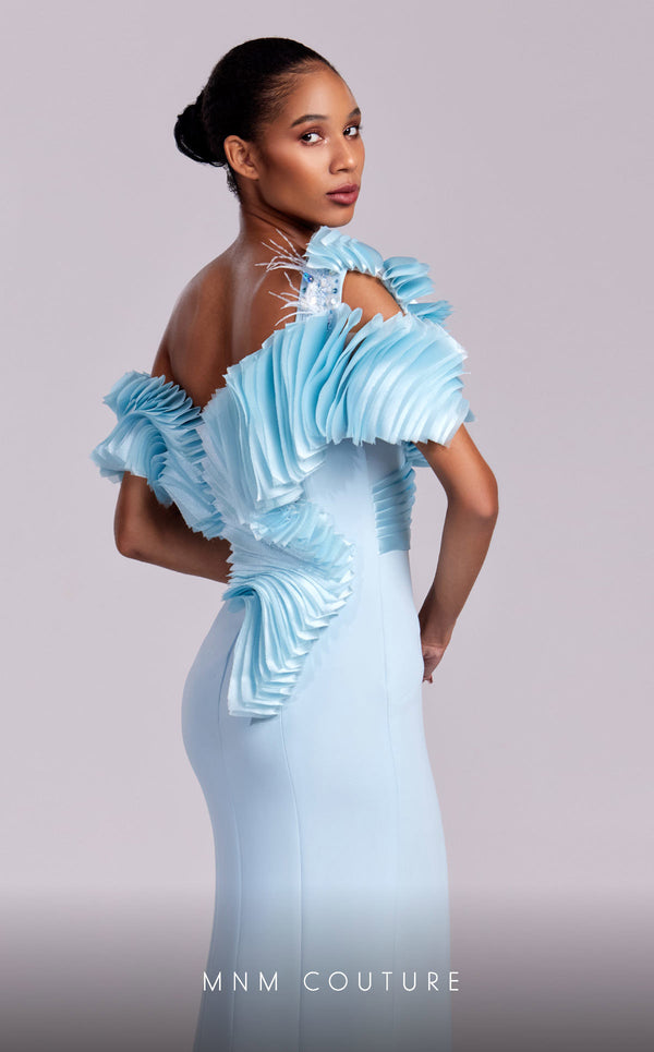 MNM Couture G1807 light blue gown with sequin-embroidered peplum accents and unique slit design | Couture Shop LA