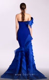 MNM Couture G1810 royal blue one-shoulder gown with organza layers and dramatic train | Couture Shop LA