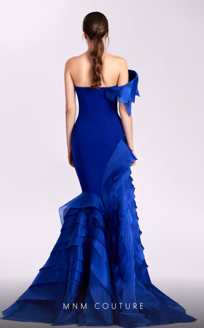MNM Couture G1810 royal blue one-shoulder gown with organza layers and dramatic train | Couture Shop LA