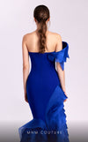 MNM Couture G1810 royal blue one-shoulder gown with organza layers and dramatic train | Couture Shop LA