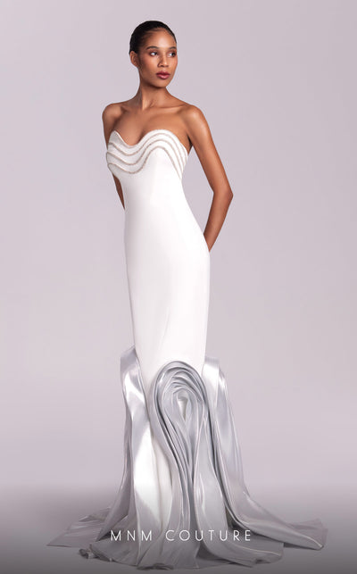 MNM Couture G1819 gown highlighting the strapless design and shimmering embellishments. | Couture Shop LA