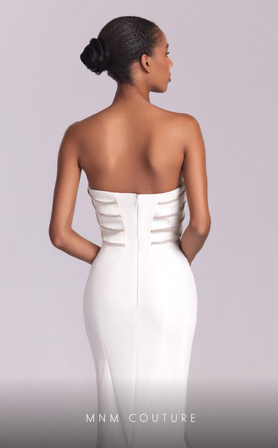 MNM Couture G1819 gown highlighting the strapless design and shimmering embellishments. | Couture Shop LA