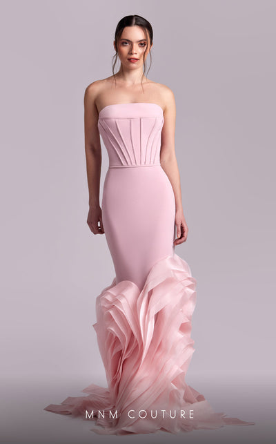 MNM Couture G1825 gown showcasing the mermaid silhouette and organza flourish at the hem. | Couture Shop LA