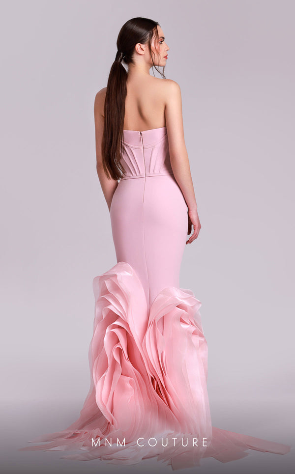 MNM Couture G1825 gown showcasing the mermaid silhouette and organza flourish at the hem. | Couture Shop LA