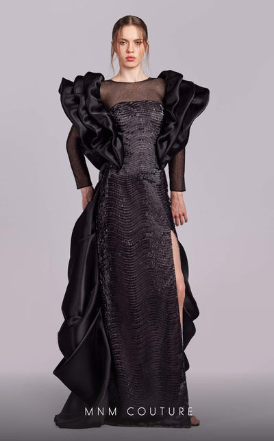 MNM Couture G1835 gown showcasing the dramatic ruffled shoulders and thigh-high slit. | Couture Shop LA