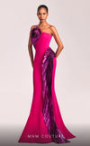 MNM Couture G1838 gown showcasing the vibrant fuchsia color and dramatic metallic swirls.