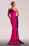 MNM Couture G1838 gown showcasing the vibrant fuchsia color and dramatic metallic swirls. | Couture Shop LA