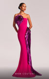 MNM Couture G1838 gown showcasing the vibrant fuchsia color and dramatic metallic swirls. | Couture Shop LA