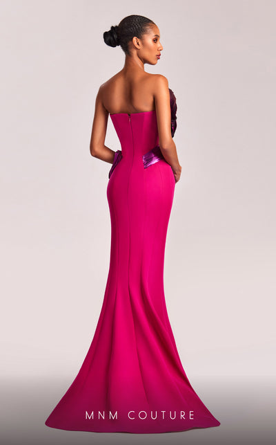 MNM Couture G1838 gown showcasing the vibrant fuchsia color and dramatic metallic swirls. | Couture Shop LA