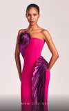 MNM Couture G1838 gown showcasing the vibrant fuchsia color and dramatic metallic swirls. | Couture Shop LA