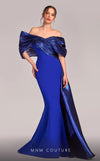 MNM Couture G1840 gown showcasing the elegant off-shoulder design and graceful mermaid skirt. | Couture Shop LA