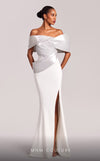 MNM Couture G1841 gown showcasing the elegant off-shoulder design and striking slit. | Couture Shop LA