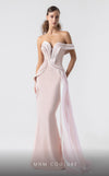 MNM Couture G1900 blush pink gown with off-shoulder silhouette and sculptural holographic draping. | Couture Shop LA