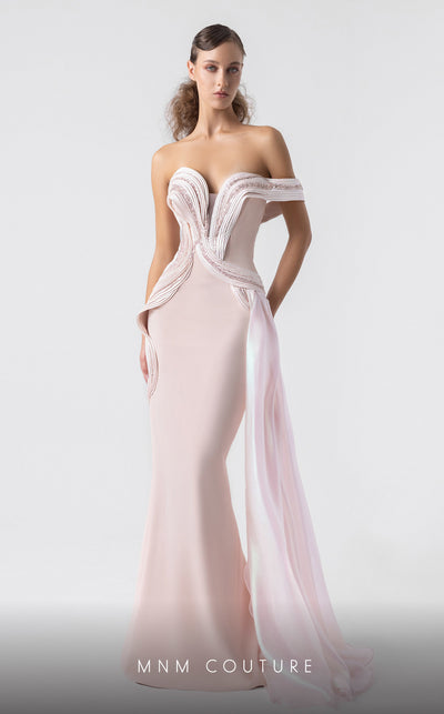 MNM Couture G1900 blush pink gown with off-shoulder silhouette and sculptural holographic draping. | Couture Shop LA