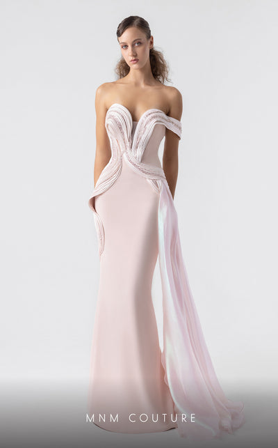 MNM Couture G1900 blush pink gown with off-shoulder silhouette and sculptural holographic draping. | Couture Shop LA